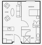 One-bedroom assisted living apartment